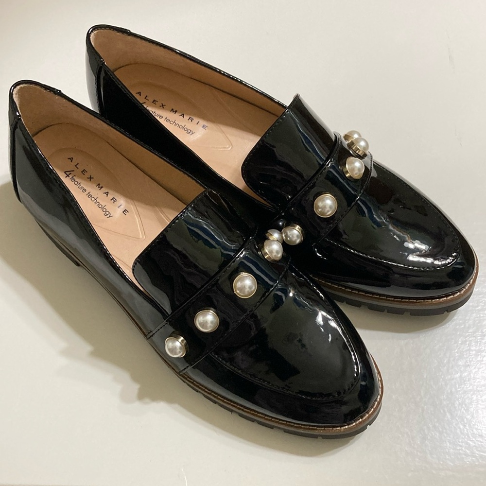 🔳 Alex Marie 🔳 Black Patent Leather Loafers with Pearl Accents  Size 9.5 - Picture 5 of 13